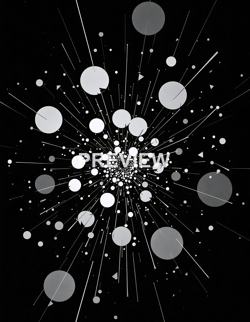 The image features a digital abstract composition with numerous white and gray circles of varying sizes radiating outward from a central point against a black background, connected by straight lines and small triangular shapes.